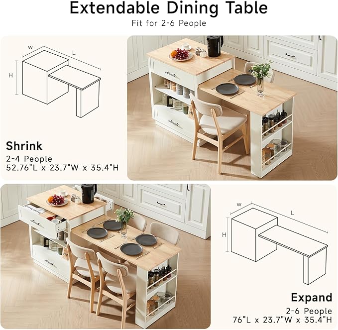 76" Kitchen Islands with Extendable Dining Table, 2-6 Island Table for Kitchen, Mobile Kitchen Table with Double-Side Storage, Kitchen Island on Wheels with Power Outlet & Spice Rack, White