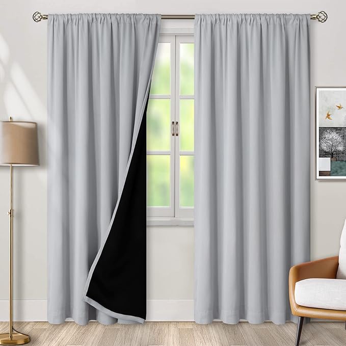 BGment Full Blackout Curtains with Thermal Insulation Liner Curtains 95 Inches Long, Rod Pocket and Back Tab Double Layer Room Darkening Window Curtain for Bedroom(52 x 95 Inch, 2 Panels, Light Grey)