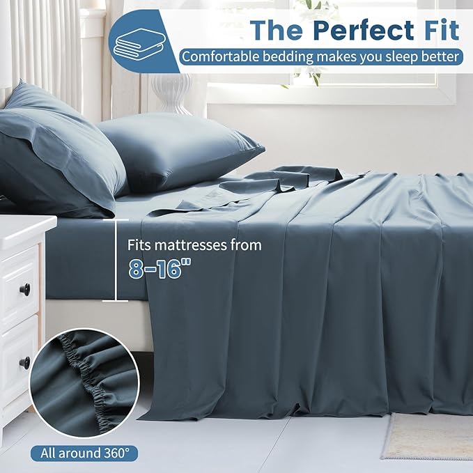 Bedlifes 1000 Thread Count 100% Egyptian Cotton King Size Sheets Set - Sateen Soft Silky Breathable Luxury Cooling 4 Pieces (Lake Blue)