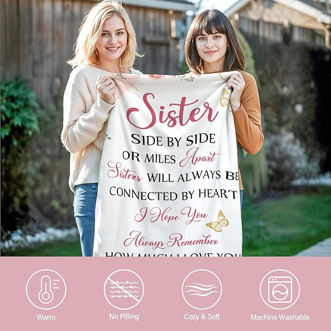 Sister Gifts Throw Blanket 60"x50", Gifts for Mothers Day, Sister Birthday Gifts for Women from Brother BFF Bestie, Friend Blankets for Sofa Couch Room, Best Friend Ever Gifts