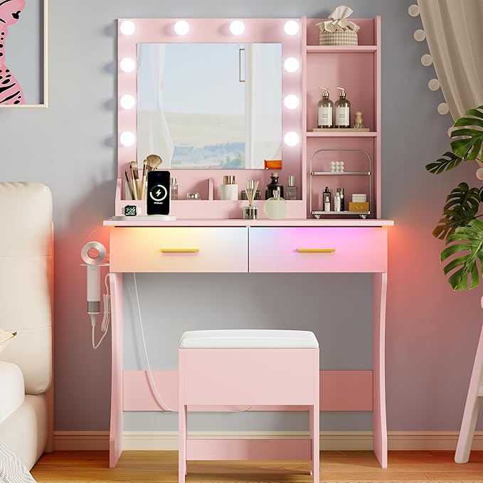 Vanity Desk with Mirror and Lights, Small Makeup Vanity Table Set with Storage Drawers & Power Outlets & Chair, 3 Lighting Modes & RGB Ambient Light, Dressing Table for Women Girls Bedroom, Pink