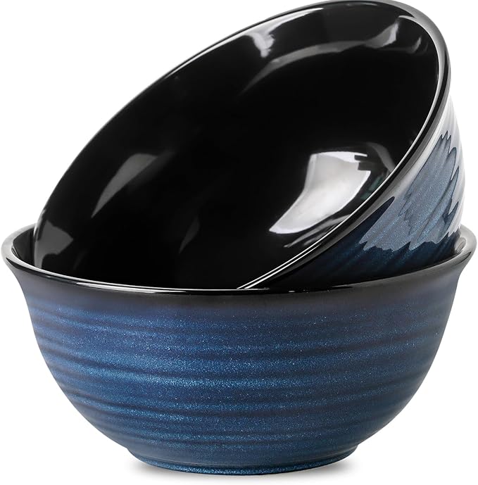 Hasense Large Serving Bowls, 9 Inch Ceramic Salad Bowls, 84 oz Serving Dishes for Entertaining, Deep Bowl Set Perfect for Soup Pasta Pho Popcorn Fruit, Dishwasher Microwave Safe, Set of 2, Navy Blue