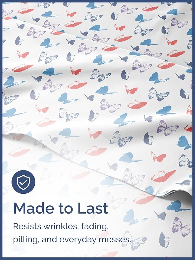 Kids Queen Size Butterfly Bed Sheets - 4 Piece Butterfly Sheet Set - Insect Themed Bedding - Soft, Cute & Cozy - Breathable & Machine Washable - Whimsical Bed Set for Boys, Girls, Teens and Toddlers