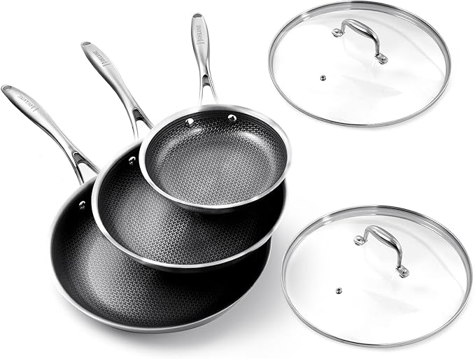 DELUXE Hybrid Ceramic Nonstick 5-Piece Fry Pan Set,8,10,12 Inch Frying Pans with Tempered Glass Lids,Stay-Cool Handles, Dishwasher Safe, Works on All Stovetops (Induction, Gas, Electric)