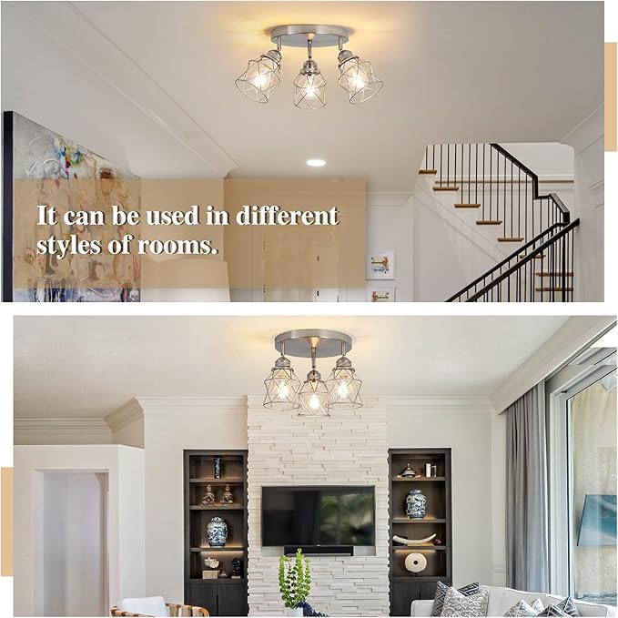 Kitchen Light Fixtures - 3-Lights Multi-Directional Ceiling Lamp with E26 Base, Adjustable Flush Mount for Farmhouse Kitchen, Hallway, Dining Room, Entryway