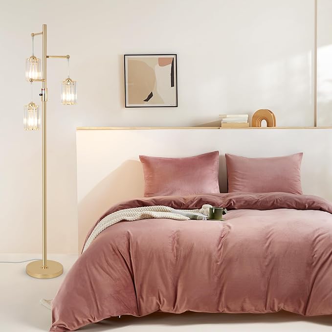 Gold Crystal Floor Lamps for Living Room, Dimmable 3 Lights Modern Standing Lamp with Crystal Shade, Dimmer Switch, 65" Industrial Tall Tree Lamp, Vintage Brass Corner Lamp for Bedroom