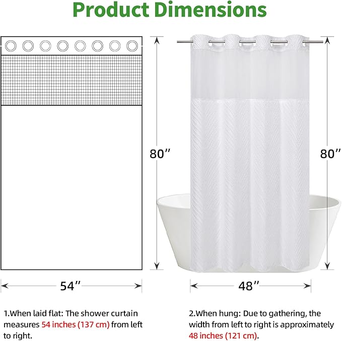 stall no Hook Tufted Shower Curtain with snap in Liner Set, White Waterproof Fabric Inner Liner,Boho Style Shower Curtain with See Through top Window, White, 54Wx80H
