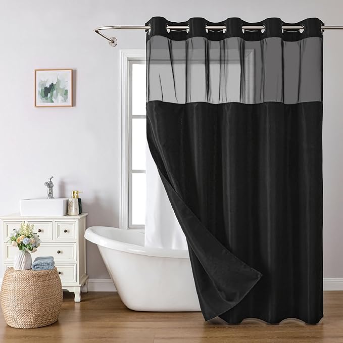 Extra Long No Hooks Needed Linen Textured Shower Curtain with Snap-in Fabric Liner Set,Black Hotel Luxury Decor Shower Curtains for Bathroom,Waterproof & Washable,71Wx86H