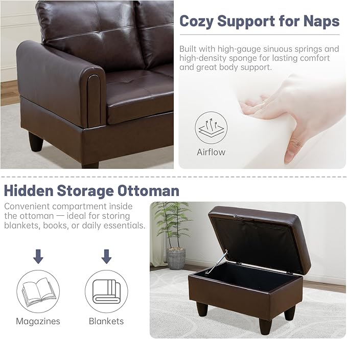 L-Shape 3-Piece Cloud Sofa, Couch for Living Room, Brown Faux Leather L-Shape with Reversible Chaise & Storage Ottoman, Ergonomic 110–115° Recline, Solid-Wood Frame