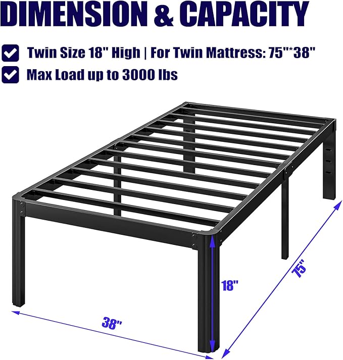 18in Heavy Duty Twin Bed Frame No Box Spring Needed, Metal Platform Bed Frame Twin with Round Corners, Easy Assembly, Noise Free, Black
