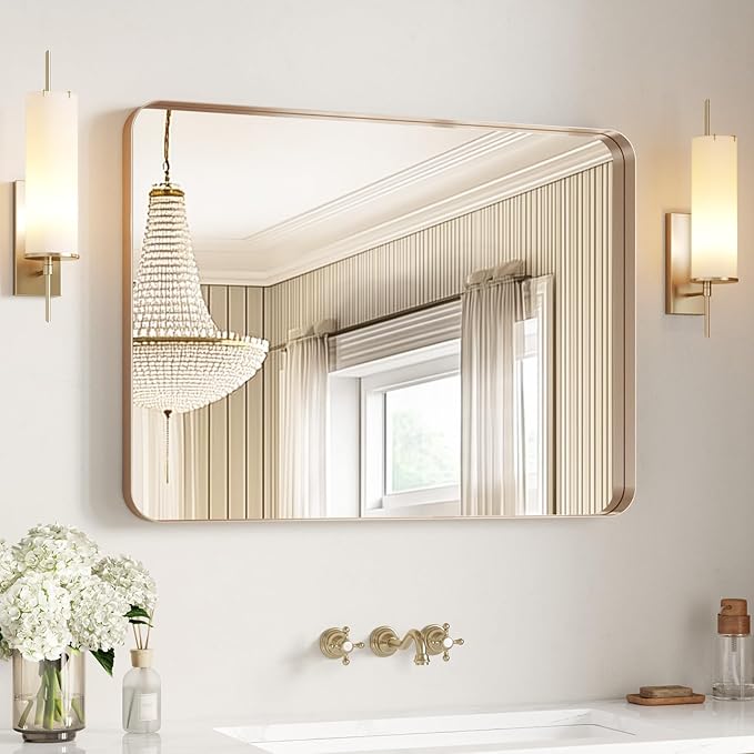 USHOWER Gold Bathroom Mirror 30"x40", Brushed Gold Rectangle Mirror for Over Sink, Rounded Corner, Aluminum Frame, Anti-Rust, Tempered Glass, Horizontal or Vertical Mounted