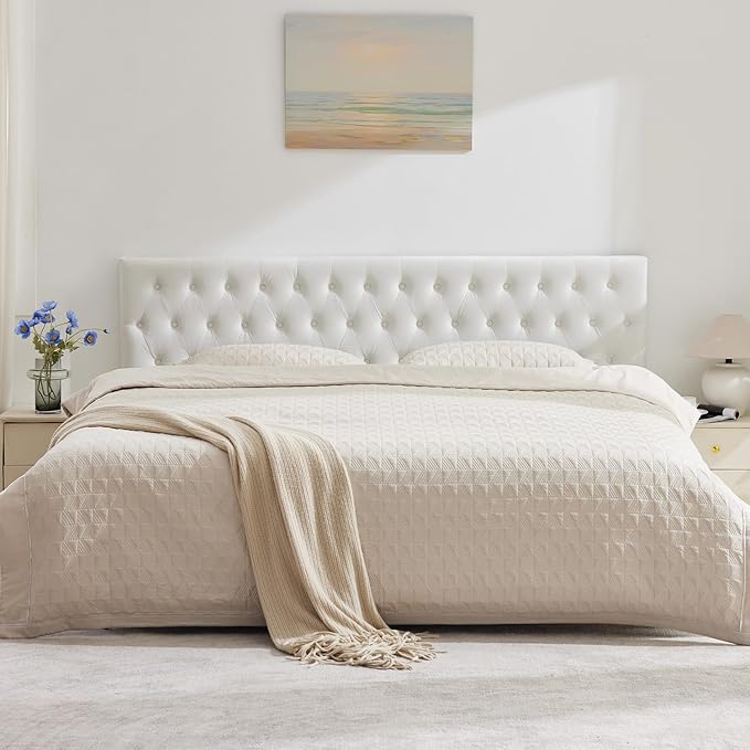 Kingfun Tufted Upholstered King Size Bed Headboard in Modern Button Design, Adjustable Solid Wood Head Board, Premium Velvet Fabric Padded Headboards in Bedroom (White)