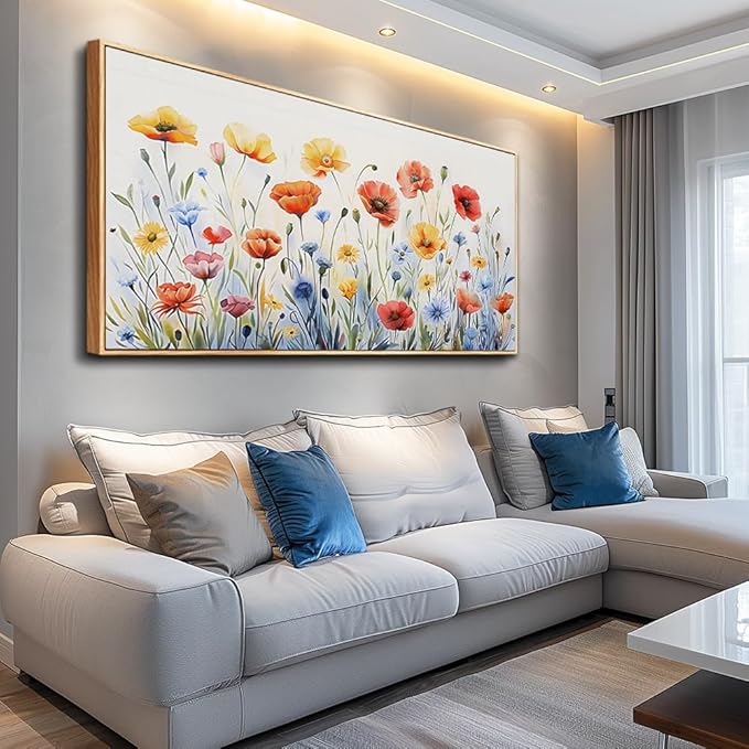 PHAOHUAXM Large Canvas Wall Decor For Living Room Wall Art For Bedroom Modern Gable art Framed Beach Posters Ink-Wash Flower Painting Dining Room Print Artwork Mural Home Decor Wood Frame 30"X60"