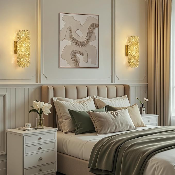 Modern Sconces, Beaded Crystal sconse Light Fixtures,Indoor Gold Wall Lamp,Crystal Vanity Wall Mount Lamp,Elegant Wall Lighting for Living Room Bedroom Bathroom Hallway Stairway Bedside