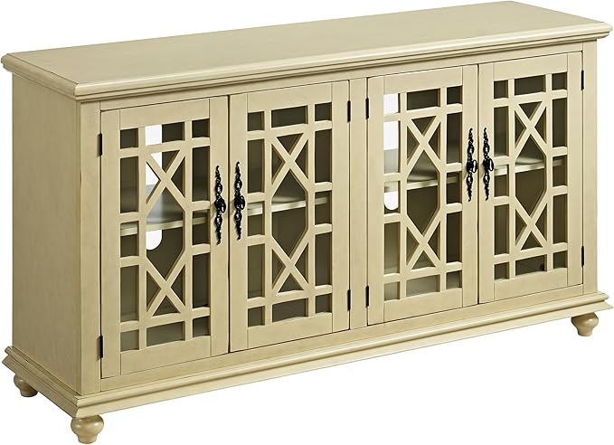 Martin Svensson Home Orsey 63" Solid Wood TV Stand - Antique Cream White Finish - Rustic Style and Parisian Design Inspired - with Two Spacious Cabinets with Adjustable Shelves for Storage.