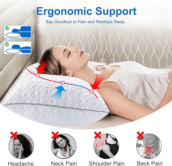 Cooling Pillows Queen Size Set of 4, Shredded Memory Foam Pillows, Adjustable Firm Bed Pillows Cool Cold Pillow for Hot Side Back Stomach Sleepers with Removable Washable Cover, 20" x 30", White