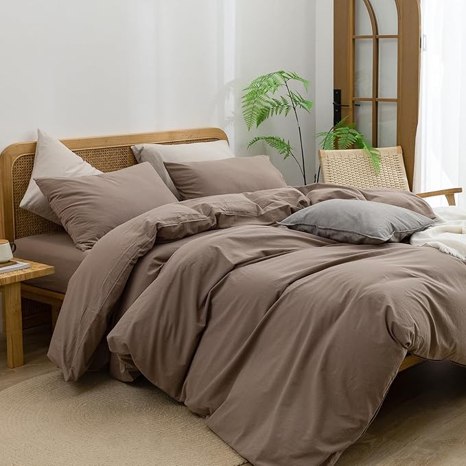 BESTOUCH Duvet Cover Set 100% Washed Cotton Linen Feel Super Soft Comfortable Chic Lightweight 3 PCs Home Bedding Set Solid Pine Bark Brown Oversized Queen