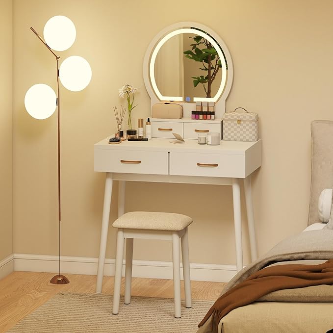 CHARMAID Vanity Desk with Mirror and Lights, Modern Makeup Vanity Table with 4 Drawers, 3-Color Dimmable LED Mirror, Girls Dressing Table and Stool Set for Small Bedroom (White)