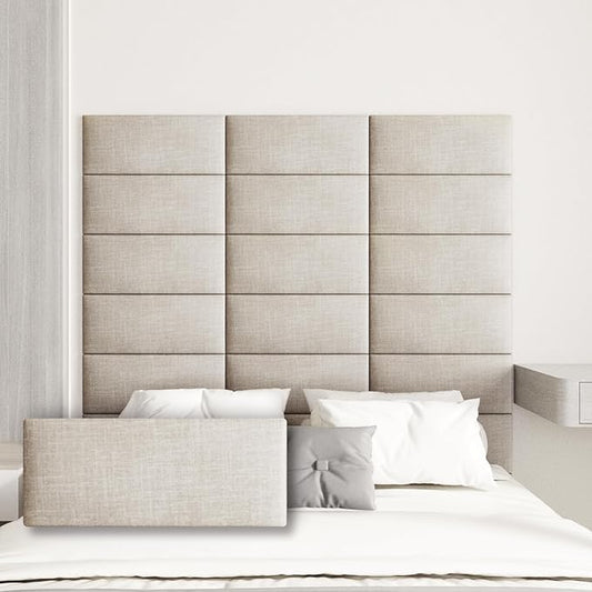 Upholstered Wall Mounted Headboard, 3D Soundproof Wall Panels Peel and Stick Headboard for Queen Size, Tufted, Beige (9 Panels, 10" x 24")