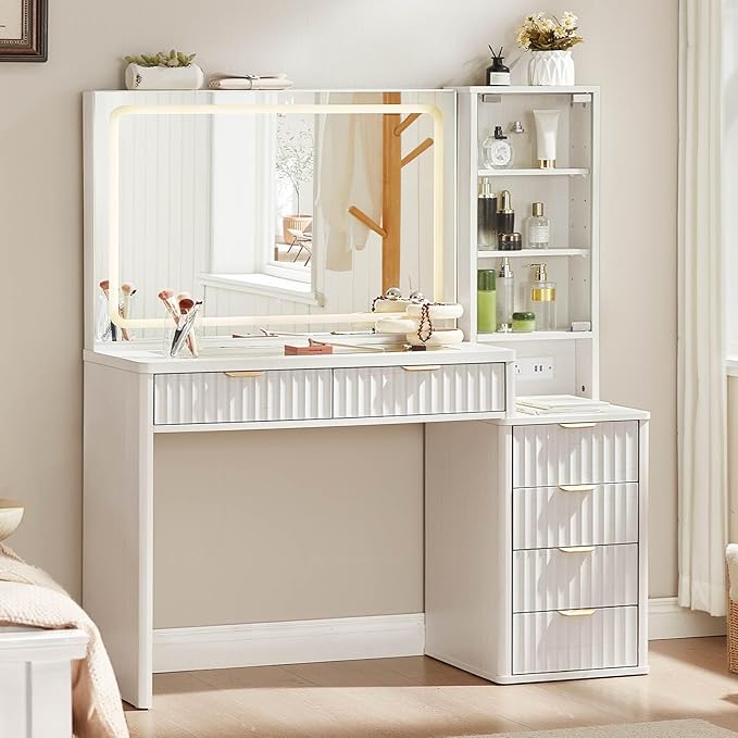 LEYAOYAO Fluted Makeup Vanity Desk with Mirror and Lights, 43.5'' White Vanity Table with Glass Top and Power Outlet, Make Up Vanity with 6 Drawers and Adjustable Shelves for Bedroom