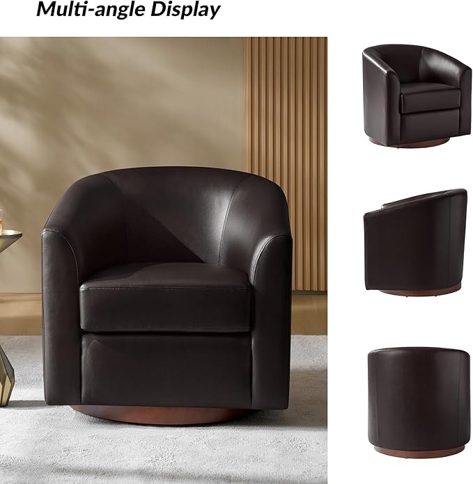 HULALA HOME Faux Leather Swivel Accent Chair with Solid Wood Base, Round Swivel Barrel Chair for Living Room and Bedroom, Brown