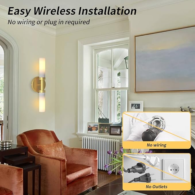 Rechargeable Battery Operated Wall Sconce, Dimmable Vanity Light with Touch Control, Wireless Bathroom Lights Over Mirror, Wall Light for Living Room Hallway Indoor, Gold & Frosted Glass