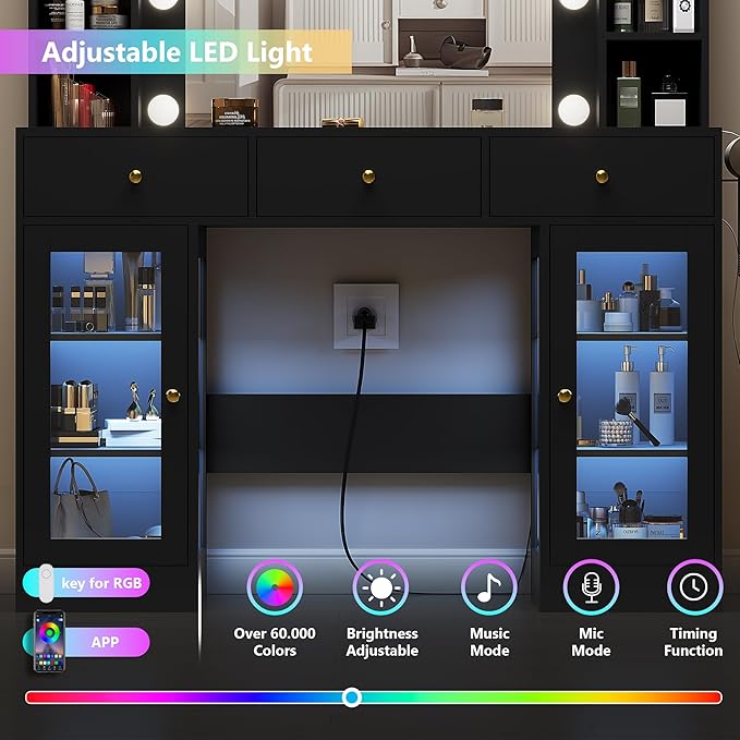 Black Vanity Desk with Mirror and Lights, Glass Top Vanity with Lighted Mirror & RGB Glass Cabinet and 3 Drawers, Makeup Vanity Desk with Lights Dressing Table for Bedroom, 3 Color Modes