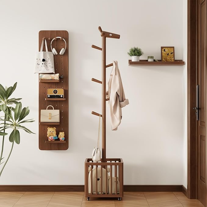 Coat tree freestanding heavy duty，Wooden coat rack freestanding for Entrance, Bedroom, Living room(Walnut)