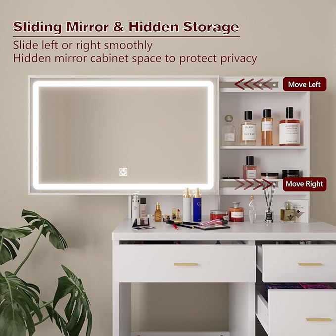 Vanity Desk with Mirror and Lights, 31.5" Makeup Vanity with Sliding Mirror and 3 Light Modes, Modern Vanity Table with 5 Drawers, Hidden and Open Storage Shelves, Makeup Desk for Bedroom, White