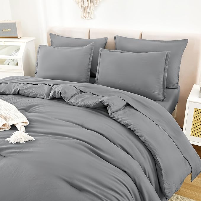 Litanika Full Size Comforter Sets Medium Gray - 7 Pieces Bed in a Bag Full Bedding Comforter Sets, Solid Lightweight Bed Set with Comforter, Sheets, Pillowcases & Shams