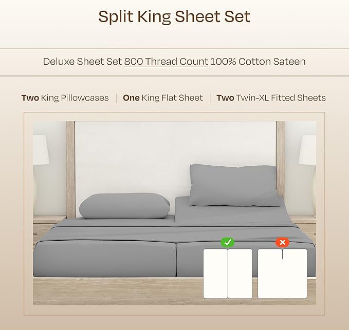 California Design Den Split King Sheets for Adjustable Bed - Buttery Soft 800 Thread Count, 100% Cotton Set, Beats Fake Egyptian Claims, Sateen Bedding Set, Durable Twin XL Fitted Sheets (Light Grey)