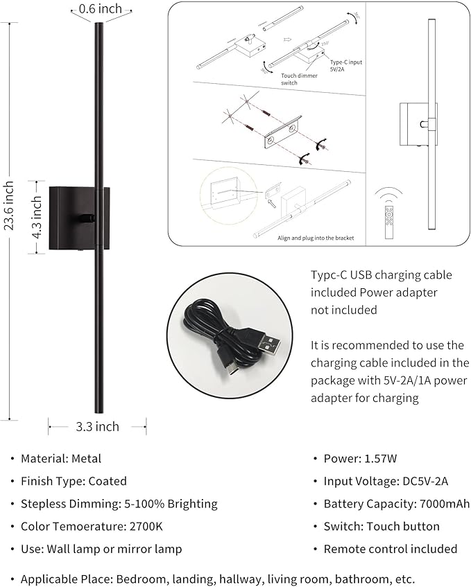 KDG Cordless Wall Sconces with Remote Control, Wireless 7000mAh Rechargeable Battery Operated LED Wall Lamps, 360° Rotate Lightings for Wall Painting, Bedroom, Hallway, Night Light 23.6 inch (Black)