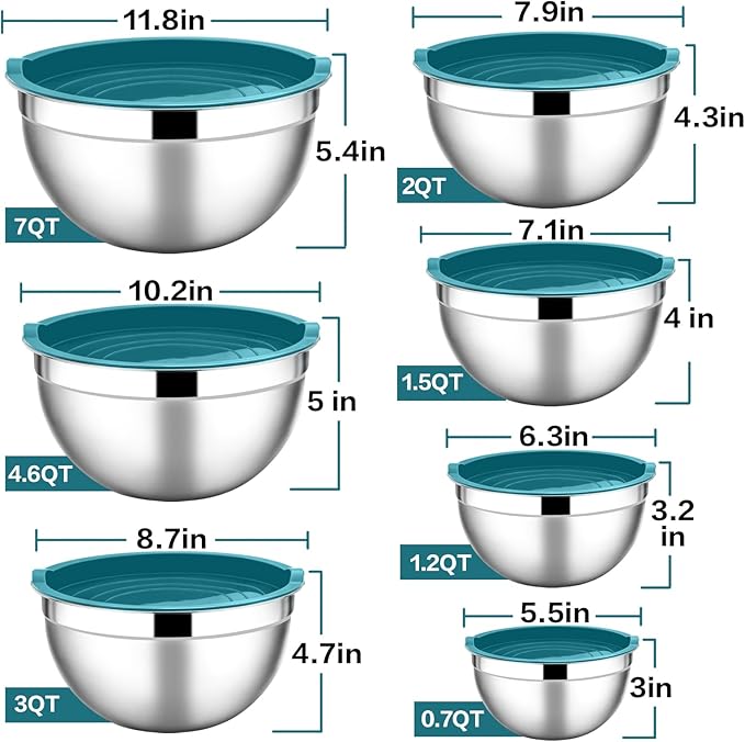 E-far Stainless Steel Mixing Bowls with Lids, 7-Piece Metal Nesting Bowls with Blue Airtight Lids for Saving Storage Space, Size 7, 4.6, 3, 2, 1.5, 1, 0.7QT, Great for Baking/Cooking/Prepping