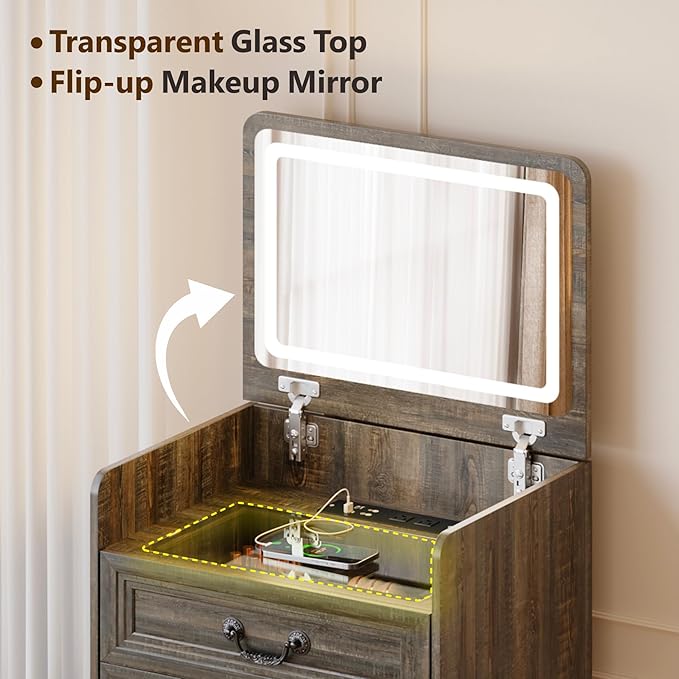 Farmhouse 3 in 1 Vanity with Flip Top Mirror, LED Small Makeup Desk with 2 Sockets USB, Compact Vanity with Glass Desktop, Storage and Cushioned Stool with Wheels,3 Drawers, for Bedroom