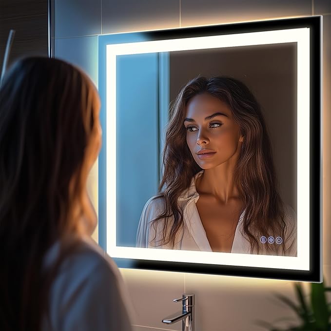 Antok 36"x 36" LED Bathroom Mirror with Lights, Anti-Fog, Dimmable, Lighted Vanity Mirror with Tempered Glass, Memory Function, 3 Light Modes, Safe Use, Horizontal, Vertical