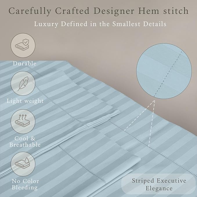 Threadmill 500 Thread Count Full Size Damask Stripe, 4 Pc Luxury Cotton Sheet Set, Breathable Light Blue Sheets with 16" Elasticized Deep Pocket, 2 Pillowcases & Free Tote Bag