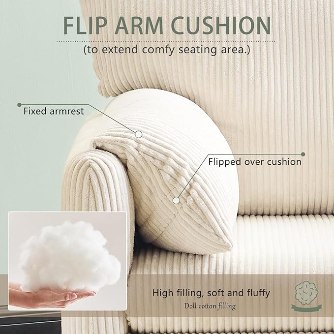 Corduroy Single Sofa Chair Modern Upholstered Accent Chair for Reading Comfy Living Room Chairs with Side Pocket Oversized Armchair for Bedroom, Office(Beige)