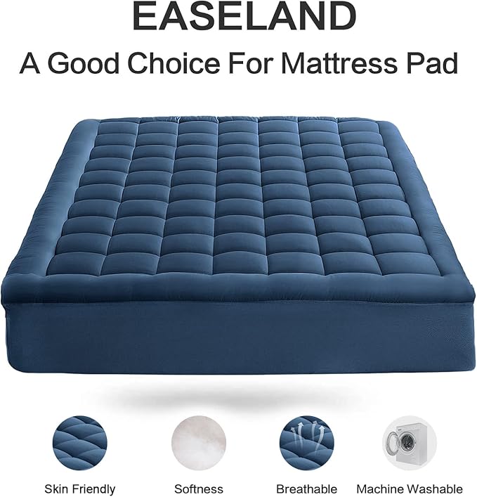 EASELAND California King Mattress Pad Pillow Top Mattress Cover Quilted Fitted Mattress Protector Long 8-21" Deep Pocket Cooling Mattress Topper (72x84 Inches, Dark Blue)