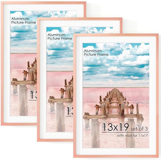 13x19 Metal Picture Frame for Wall With Mat for 11x17, 13''x19'' Aluminum Photo Frames With Tempered Glass for Home Decor, Minimalist Modern Poster Frame Horizontal Vertical Formats, 3 PCs, Rose Gold