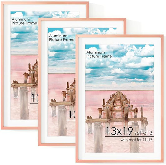 13x19 Metal Picture Frame for Wall With Mat for 11x17, 13''x19'' Aluminum Photo Frames With Tempered Glass for Home Decor, Minimalist Modern Poster Frame Horizontal Vertical Formats, 3 PCs, Rose Gold