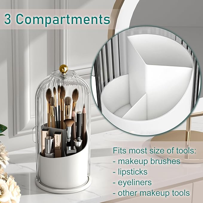 GAXmi Makeup Brush Holder with Lid Cosmetic Tools Organizer 360 Rotating Waterproof Dustproof Beauty Brushes Storage for Vanity, Transparent