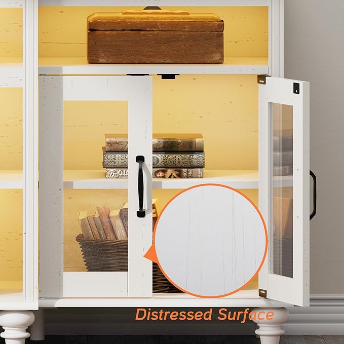 WAMPAT Farmhouse TV Stand with Yellow LED Light, 4-Door Glass Wood Entertainment Center with 9 Storage Cabinets, Media Console Table for Living Room Bedroom，70'', Antique White