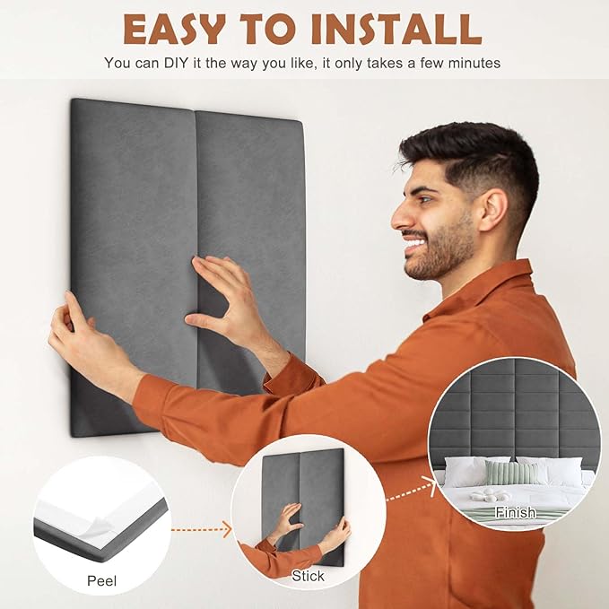 IFNOW Wall Mounted Upholstered Headboard Queen, 3D Peel and Stick Soundproof Panels, Reusable and Removable Padded Leather Bed Headboard, 9 Panels 9.84" x 23.62", Dark Grey