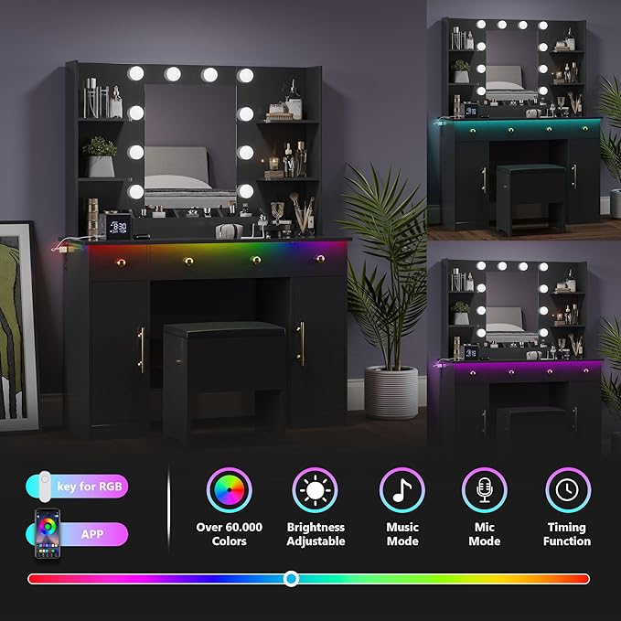 Makeup Vanity Desk with Mirror and Lights, 43" Black Vanity Set with Chair, 3 Drawers, Power Outlet & Adjustable RGB LED Lights, Dressing Table with Storage Shelf for Women & Girls Bedroom