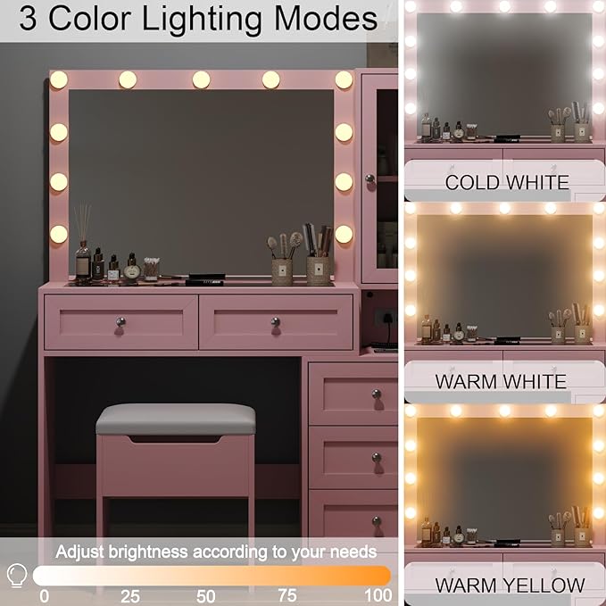 43" W Vanity Desk with Mirror & 11 Lights, 5 Drawer Modern Makeup Desk with Glass top & Cushioned Stool, 3 Lighting Modes Brightness Adjustable,Power Outlet,Bedroom，Pink