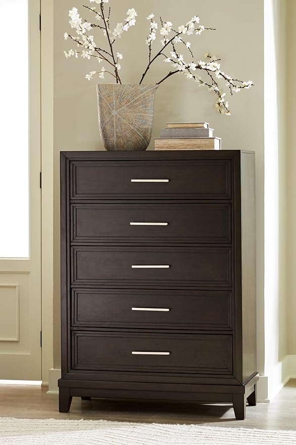 Signature Design by Ashley Neymorton Traditional 5-Drawer Chest of Drawers with Felt Lining, Dark Brown