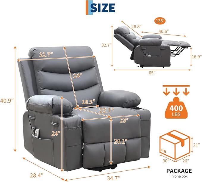 Power Lift Recliner PU Chair for Elderly, with Massage & Heat, Big and Tall Living Room or RV Single Sofa for Adults, 135° Reclining Accent Chairs, 2 Cup Holders and Side Pockets (Gray Leather)