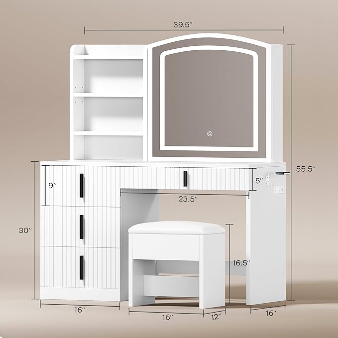 YITAHOME Fluted Makeup Vanity Desk with Mirror & Power Outlet, Vanity Table Set with Hidden Storage, Makeup Desk with 4 Drawers, 3-Color LED Lighted Dressing Table with Storage Cushion Stool, White