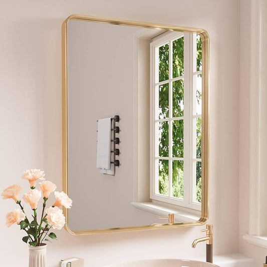 Gold Bathroom Mirror, 24x32 Inch Brushed Gold Metal Frame Mirror for Wall, Rounded Rectangle Bathroom Vanity Mirror, Tempered Glass, Anti-Rust, Horizontal/Vertical