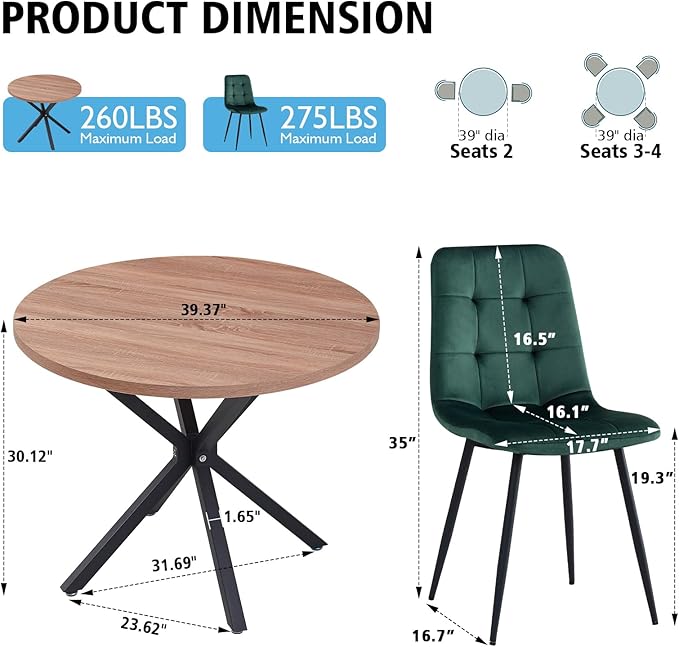 39" Round Dining Table Set for 4, Mid Century Kitchen Table with 4 Green Velvet Upholstered Dining Chairs for Apartment Living Room Space Saving